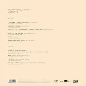 Tracklist for Moments - Volume 1, The Montreux Years Vinyl shown on a beige background, listing songs, artists, and recording details for both sides. Bottom section displays logos and copyright info.