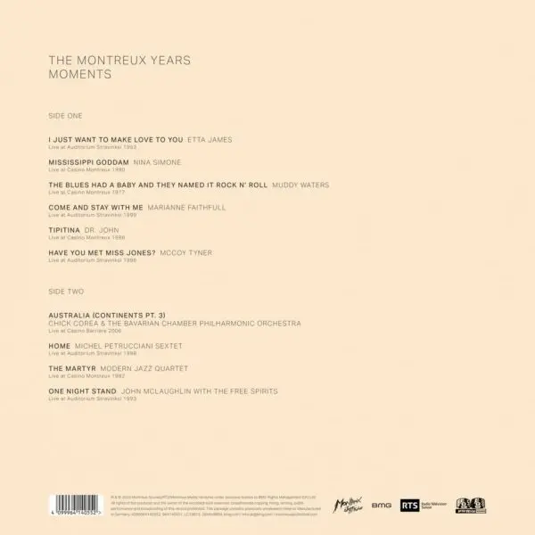 Tracklist for Moments - Volume 1, The Montreux Years Vinyl shown on a beige background, listing songs, artists, and recording details for both sides. Bottom section displays logos and copyright info.