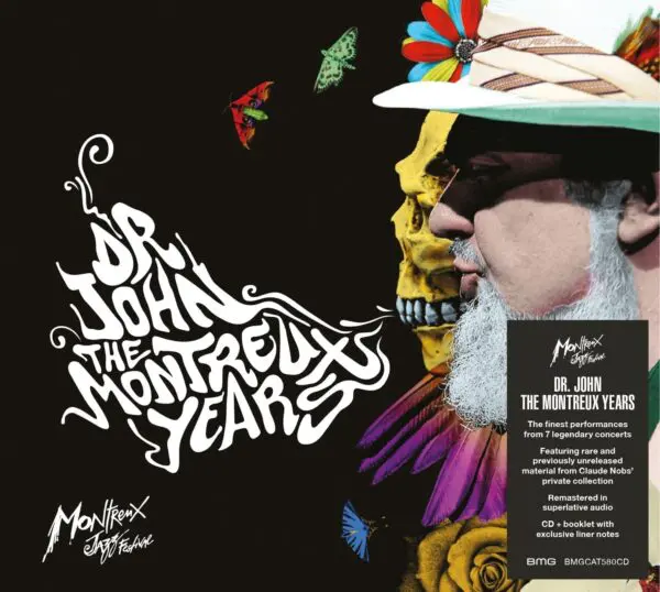 Album cover for Dr. John, The Montreux Years, CD: Dr. John in profile with a feathered hat next to a yellow skull. Stylized white text on the left; a sticker highlights the contents of the Dr. John, The Montreux Years, CD album.