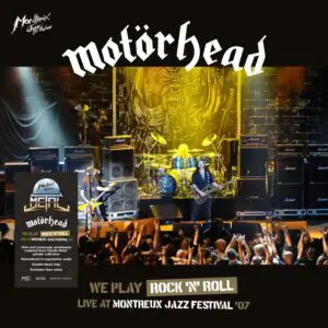Motörhead rocks the stage under yellow lights at Montreux Jazz Festival 2007. The crowd cheers as their live album, Motörhead, Live At Montreux, Double Vinyl, is now available.