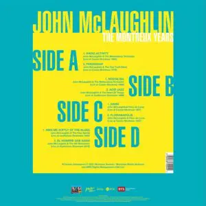The John McLaughlin, The Montreux Years Double Vinyl features a yellow and bright blue cover with Sides A–D tracklists, copyright info, logos below, and large stylized SIDE A, B, C, D text anchoring the background.