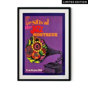 L'Affiche Roger Bornand, 1968, Édition Limitée est une affiche vintage du Festival de Jazz de Montreux représentant un gramophone avec un cornet floral psychédélique sur fond violet, avec le texte : Festival de Jazz Montreux, 12 au 16 juin 1968.