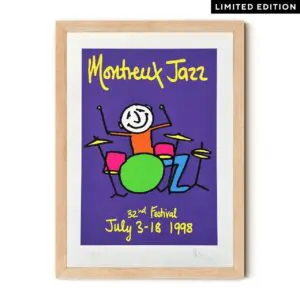 Cette Affiche Phil Collins, 1998, Édition Limitée présente une illustration colorée et abstraite d'un batteur créée pour le Festival de Jazz de Montreux, avec les dates du 3 au 18 juillet sur un fond violet saisissant.