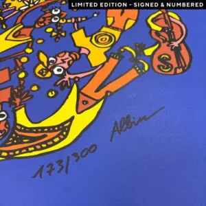 Gros plan d'une œuvre d'art abstraite et colorée avec des personnages caricaturaux, portant la signature de l'artiste Albin et le numéro d'édition 173/300 écrit à la main sur un fond bleu. Une étiquette "Édition limitée - Signée et numérotée" est visible.
