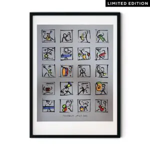 L'Affiche Matthias Winkler, 2001, Édition Limitée présente une grille de figures abstraites colorées jouant d'instruments sur un fond gris, avec l'étiquette "Édition Limitée" - un complément idéal à toute collection Affiche Matthias Winkler.