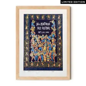 Affiche encadrée Richard James North, 2002, Édition Limitée affiche pour le 36ème Festival de Jazz de Montreux (5-20 juillet), avec de vibrantes illustrations de musiciens et des motifs ondulés, avec une étiquette d'édition limitée dans le coin.