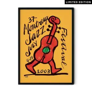Affiche Ted Scapa, 2003, Édition Limitée : Une affiche vibrante pour le 37ème Festival de Jazz de Montreux avec un violoncelle de dessin animé avec des jambes rouges marchant, et "37 Montreux Jazz Festival July 4-19 2003" en texte sur un fond jaune.