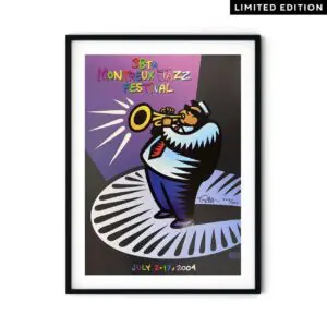 Affiche encadrée pour le 38e Festival de Jazz de Montreux 2004, représentant un musicien de bande dessinée jouant de la trompette sur une scène colorée avec un projecteur et un texte en gras.