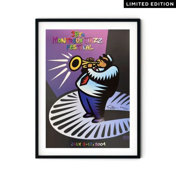 Affiche encadrée pour le 38e Festival de Jazz de Montreux 2004, représentant un musicien de bande dessinée jouant de la trompette sur une scène colorée avec un projecteur et un texte en gras.
