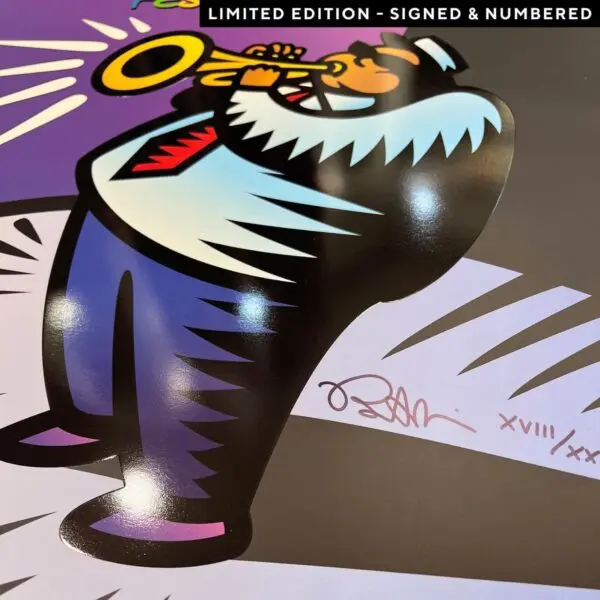 Illustration stylisée d'un trompettiste en costume et chapeau, soufflant dans sa trompette. L'œuvre est signée et numérotée, avec une étiquette ÉDITION LIMITÉE - SIGNÉE ET NUMÉROTÉE en haut.