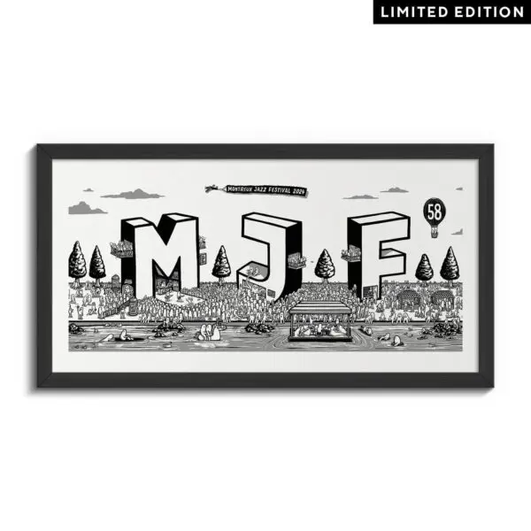 Affiche Rylsee, 2024, Édition Limitée : Illustration encadrée en noir et blanc d'un festival de jazz avec de grandes lettres MJF, une foule, une scène, des arbres, "58" dans un cercle et "Montreux Jazz Festival 2024" en haut. La mention "Edition Limitée" apparaît dans le coin supérieur droit.