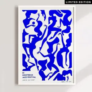 Une affiche encadrée Affiche Malika Favre, 2017, Édition Limitée Bleu avec des figures abstraites dansantes bleues sur fond blanc et les détails du 51e Montreux Jazz Festival (30 juin-15 juillet 2017) dans le coin inférieur gauche.