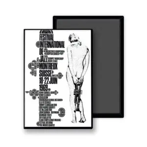 L'aimant noir et blanc "Eric Wondergem, 1969" présente un texte abstrait et un personnage nu stylisé avec une trompette, ainsi que des détails sur l'événement et des noms d'artistes dans le style emblématique de l'affiche du Festival de jazz de Montreux.