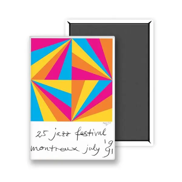 Magnet Max Bill, 1991, affiche géométrique vibrante avec des triangles bleus, jaunes, orange, rouges et roses. L'affiche porte la mention manuscrite "25 jazz festival montreux july 91" et est présentée dans un cadre noir.