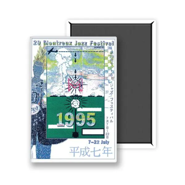 Aimant David Bowie, 1995 : Un aimant vibrant inspiré de l'affiche du 29e Festival de Jazz de Montreux, avec un vert audacieux 1995, des graphiques abstraits, un texte japonais, et rappelant l'année où David Bowie s'est produit.
