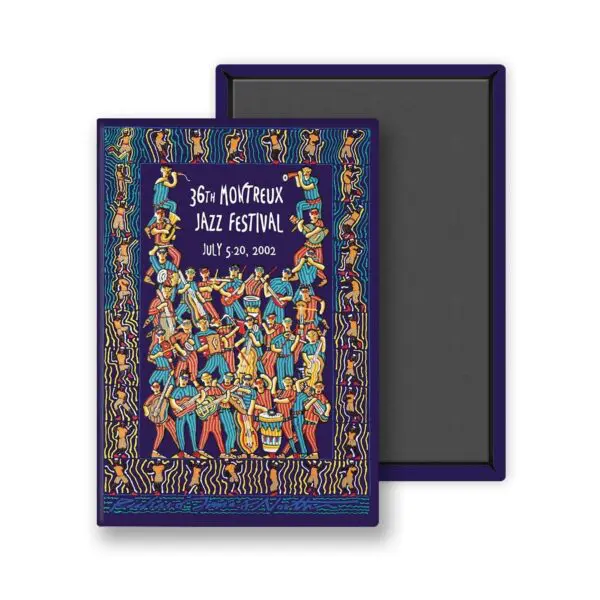 Aimant vibrant représentant l'art du Montreux Jazz Festival 2002 de Richard James North : musiciens stylisés, motifs audacieux en bleu, orange, jaune et rouge - un objet de collection qui attire l'attention des amateurs de musique.