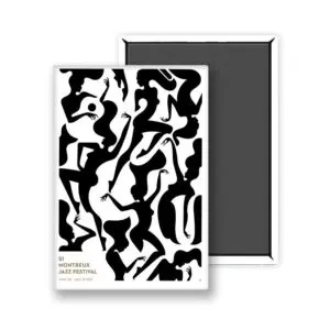 Le Magnet Malika Favre, 2017, présente des silhouettes noires abstraites de danseurs sur un fond blanc avec des détails dorés, inspirés de l'affiche encadrée de Favre pour le 51e Festival de jazz de Montreux.