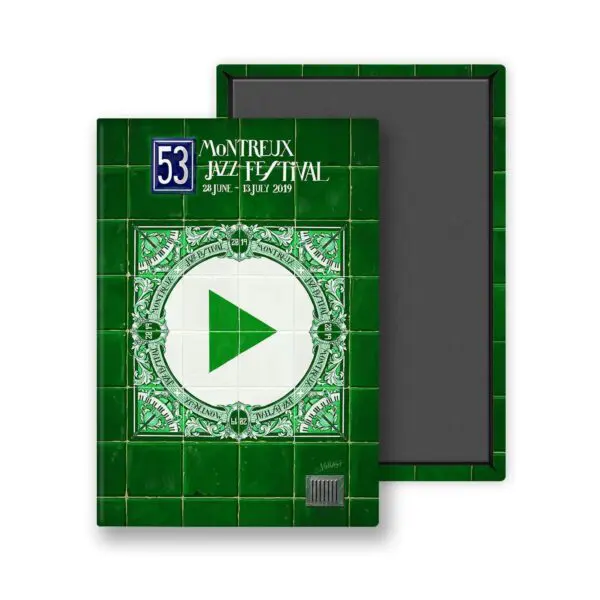 Le Magnet Ignasi Monreal, 2019 - Play présente un design de tuiles vertes et blanches avec un grand bouton de lecture, "53" et "Montreux Jazz Festival 28 juin-13 juillet 2019" en haut, mettant en évidence l'œuvre d'art de Monreal dans un cadre rectangulaire noir.