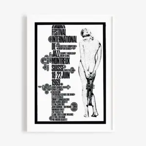 Black and white Poster Eric Wondergem, 1969 for the Jazz Festival, featuring stylized text and an image of a nude person with their back to the viewer, holding a trumpet and looking at the lineup.