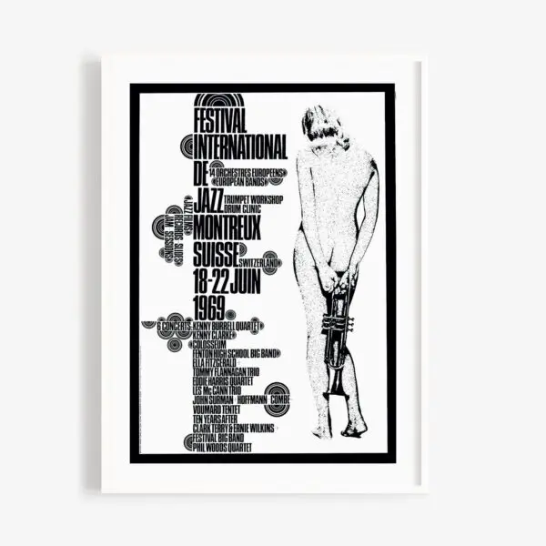 Black and white Poster Eric Wondergem, 1969 for the Jazz Festival, featuring stylized text and an image of a nude person with their back to the viewer, holding a trumpet and looking at the lineup.