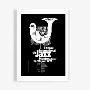 Affiche en noir et blanc pour le Festival de Jazz de Montreux 1971, avec un oiseau stylisé, un texte en gras indiquant Festival International de Jazz Montreux 12-20 juin 1971, et les détails de l'événement au bas de l'affiche.