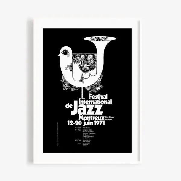 Affiche en noir et blanc pour le Festival de Jazz de Montreux 1971, avec un oiseau stylisé, un texte en gras indiquant Festival International de Jazz Montreux 12-20 juin 1971, et les détails de l'événement au bas de l'affiche.