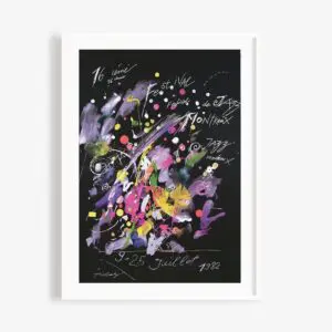Affiche abstraite et colorée sur fond noir avec des éclaboussures, des gribouillages et des points vibrants, comportant un texte manuscrit en blanc sur le "Festival international de jazz de Montréal" et les dates "9-25 juillet 1982".