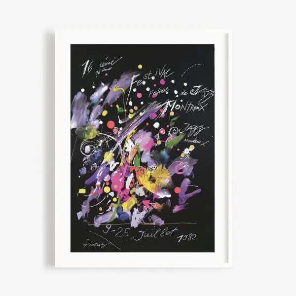 Affiche abstraite et colorée sur fond noir avec des éclaboussures, des gribouillages et des points vibrants, comportant un texte manuscrit en blanc sur le "Festival international de jazz de Montréal" et les dates "9-25 juillet 1982".
