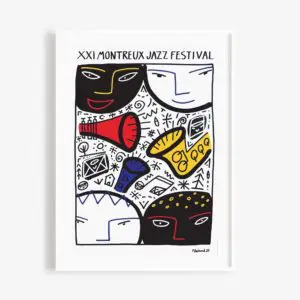 Affiche abstraite et colorée pour le XXIe Festival de jazz de Montreux présentant des visages stylisés, des notes de musique et des instruments tels que des trompettes, avec des lignes audacieuses et des accents de rouge, de jaune, de bleu et de noir.