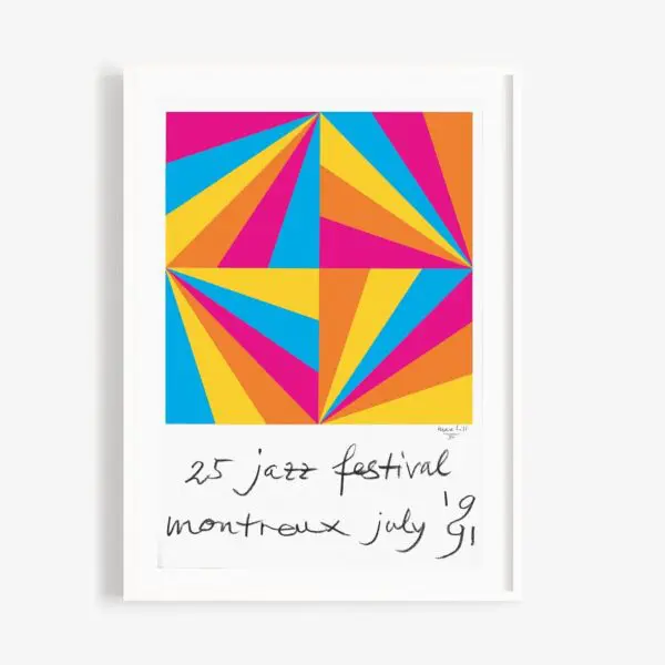 Affiche encadrée représentant un dessin abstrait géométrique coloré avec des triangles jaunes, bleus, roses et orange. En dessous, un texte manuscrit indique : 25 festival de jazz montreux juillet 91.
