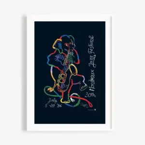 Affiche du 30e Festival de jazz de Montreux, représentant un dessin abstrait et coloré d'un musicien jouant du saxophone. Le texte indique Montreux Jazz Festival, 30th, et July 5-20, 96 sur un fond sombre.