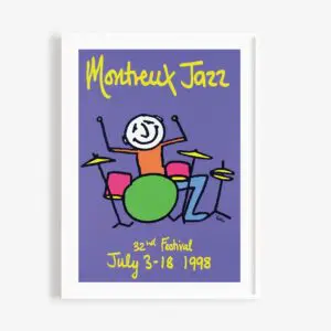 The Poster Phil Collins, 1998 showcases a childlike drawing of a smiling drummer on a purple background for the Montreux Jazz 32nd Festival, held July 3-18, 1998. Inspired by Phil Collins, it captures the festival's vibrant energy.