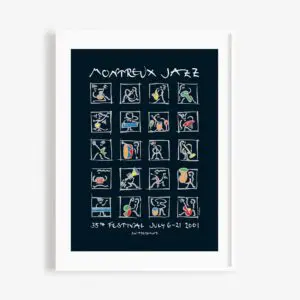 Affiche du 35e Festival de jazz de Montreux, du 6 au 21 juillet 2001, présentant des dessins abstraits colorés de musiciens à l'intérieur de 20 carrés sur fond sombre, avec les détails de l'événement en texte manuscrit blanc au bas de l'affiche.