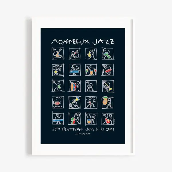 Affiche du 35e Festival de jazz de Montreux, du 6 au 21 juillet 2001, présentant des dessins abstraits colorés de musiciens à l'intérieur de 20 carrés sur fond sombre, avec les détails de l'événement en texte manuscrit blanc au bas de l'affiche.