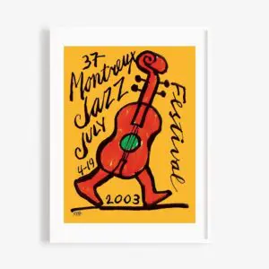 Une affiche colorée avec une contrebasse qui marche et un texte noir en gras indiquant 37 Montreux Jazz Festival 4-19 juillet 2003 sur un fond jaune vif.