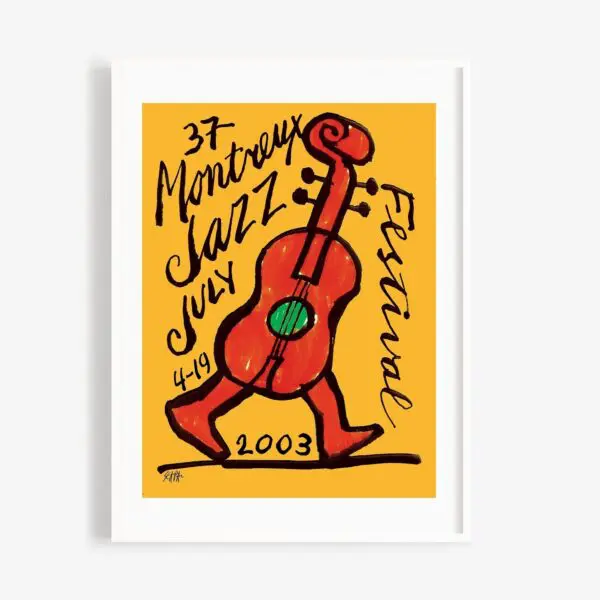 Une affiche colorée avec une contrebasse qui marche et un texte noir en gras indiquant 37 Montreux Jazz Festival 4-19 juillet 2003 sur un fond jaune vif.