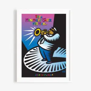 Affiche du 38e Festival de jazz de Montreux représentant un musicien stylisé jouant de la trompette, avec un fond coloré et des détails sur l'événement : 2-17 juillet 2004.