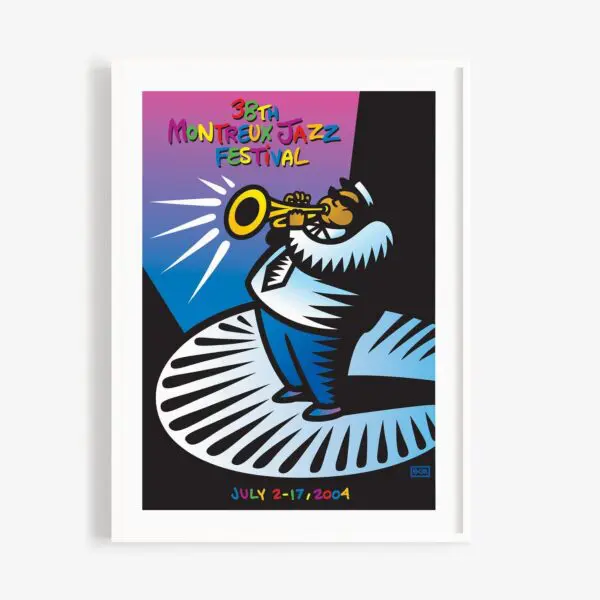 Affiche du 38e Festival de jazz de Montreux représentant un musicien stylisé jouant de la trompette, avec un fond coloré et des détails sur l'événement : 2-17 juillet 2004.