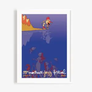 Une affiche colorée pour le 39e Festival de jazz de Montreux 2005 montre un chien coiffé d'un chapeau rouge jouant de la guitare au bord d'un lac, avec des poissons et des figures ressemblant à des sirènes sous l'eau. Les dates de l'événement, du 1er au 16 juillet, sont inscrites au bas de l'affiche.
