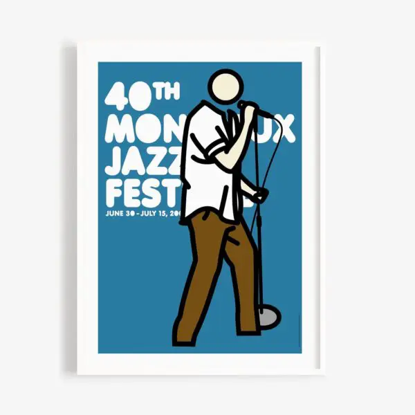 Affiche du 40e Festival de jazz de Montreux, présentant une illustration minimaliste d'une personne chantant dans un microphone sur fond bleu, avec un texte blanc indiquant les détails du festival.