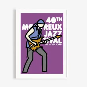 Affiche avec une illustration stylisée d'un guitariste jouant de la guitare électrique sur un fond violet. Le texte se lit comme suit : "40th Montreux Jazz Festival, June 30 - July 15 2006" : "40e Montreux Jazz Festival, 30 juin - 15 juillet 2006".