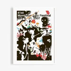 Poster Katrín Ólína, 2007: Designed for the 41st Montreux Jazz Festival, this poster features bold black silhouettes of abstract, whimsical creatures and colorful small animals on a white background.