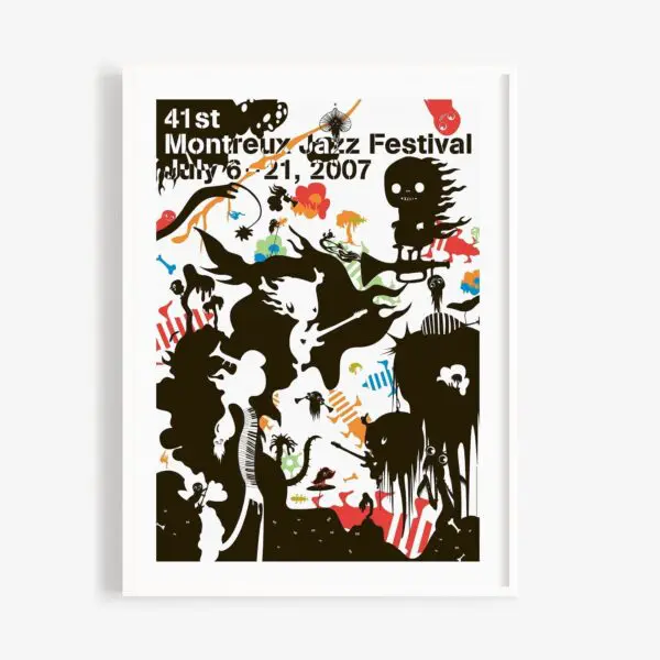Poster Katrín Ólína, 2007: Designed for the 41st Montreux Jazz Festival, this poster features bold black silhouettes of abstract, whimsical creatures and colorful small animals on a white background.