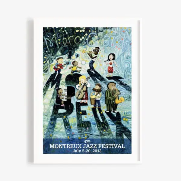 Affiche illustrée pour la 47e édition du Montreux Jazz Festival 2013, montrant des musiciens jouant des instruments sur une scène avec des ombres en gras épelant MONTREUX. Les dates de l'événement sont du 5 au 20 juillet au bas de l'affiche.