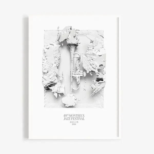 Poster Yoann Lemoine (Woodkid), 2014: A white poster displays an abstract trumpet among fragmented shapes. Text below reads: 48th Montreux Jazz Festival, July 4-19, 2014.
