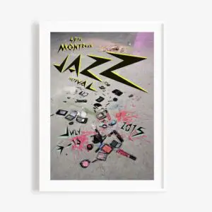 Une affiche pour le 49e Festival de Jazz de Montreux 2015 présente du maquillage cassé éparpillé sur un sol en béton avec des éclaboussures de peinture. Un texte gras et déchiqueté en noir et jaune annonce les dates du festival, du 3 au 18 juillet.