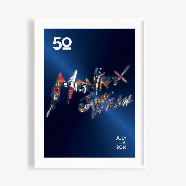 Affiche encadrée avec 50 en blanc en haut à gauche et Montreux Jazz Festival en lettres néon colorées au centre. JULY 1-16, 2016 apparaît en bas à droite sur un fond bleu foncé.