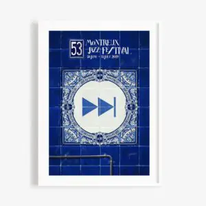 The "Poster Ignasi Monreal, 2019 - Forward" features a blue tile design with a central play button, framed by ornate patterns and event details, created for the 53rd Montreux Jazz Festival (28 June – 13 July 2019).