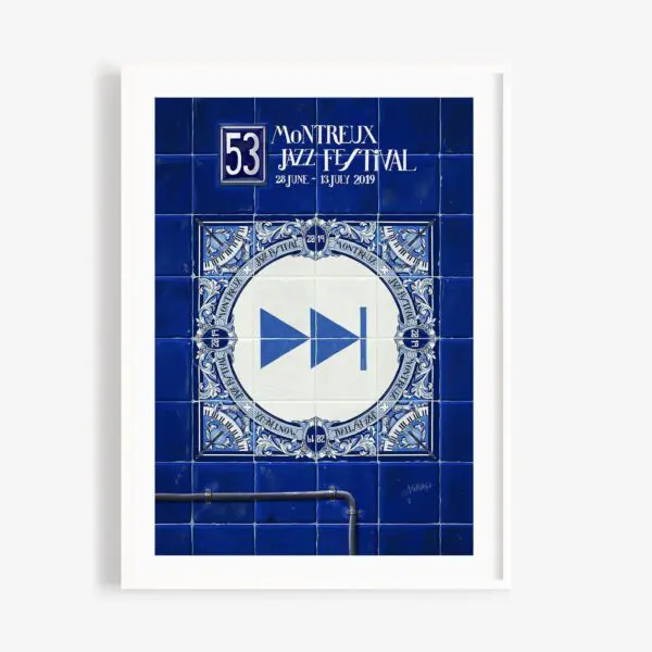 The "Poster Ignasi Monreal, 2019 - Forward" features a blue tile design with a central play button, framed by ornate patterns and event details, created for the 53rd Montreux Jazz Festival (28 June – 13 July 2019).