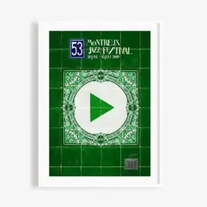 L'affiche du 53e Festival de jazz de Montreux (28 juin - 13 juillet 2019) présente des carreaux verts, un motif circulaire décoratif et un grand bouton de lecture blanc au centre.